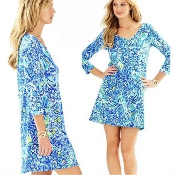 Lilly Pulitzer‎ Erin Blue Crush After Party Mini 3/4 Sleeve V Neck Dress Size XS - Picture 1 of 9